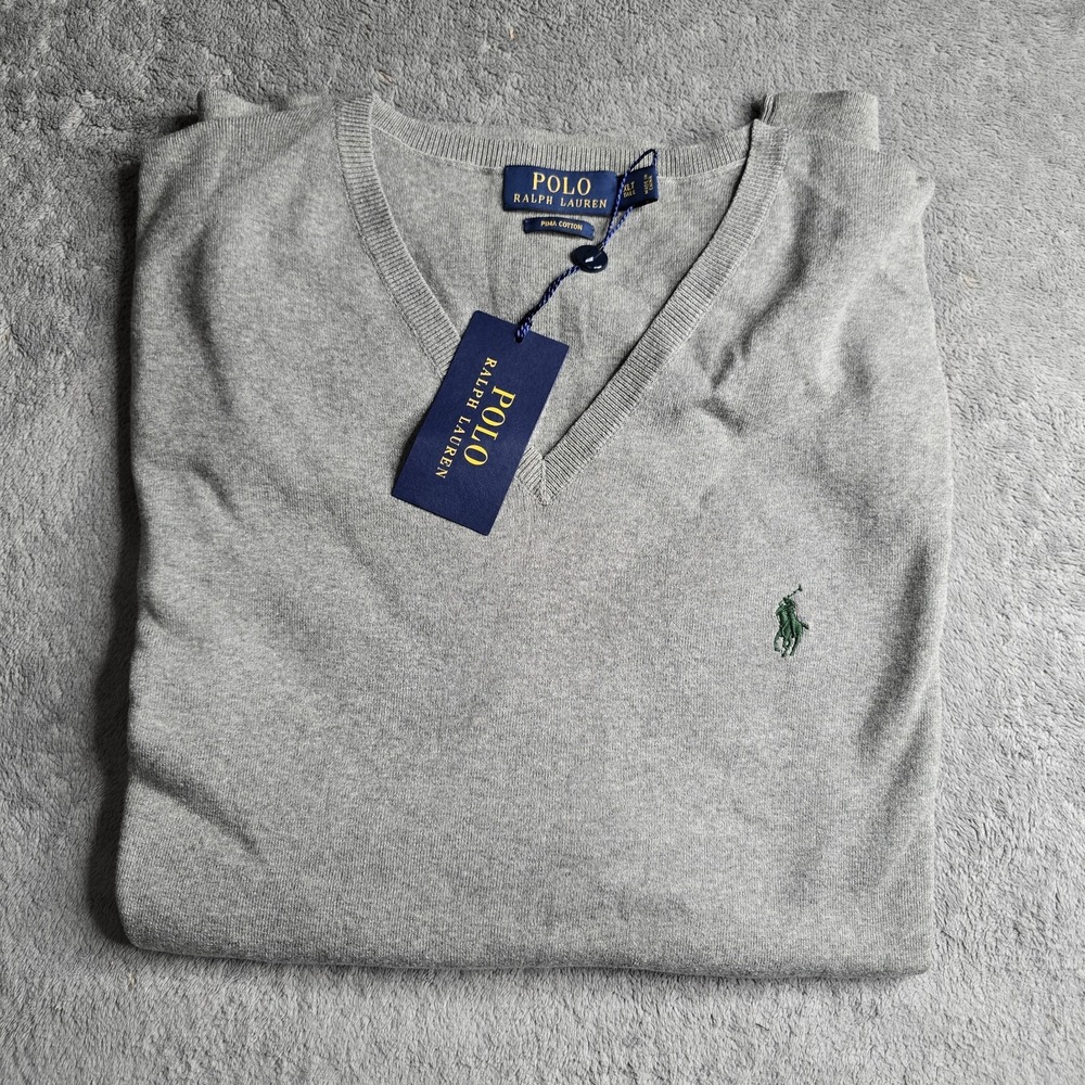 NWT Polo Ralph Lauren V-Neck Sweater Mens XLT Grey Pima Cotton Classic L/S